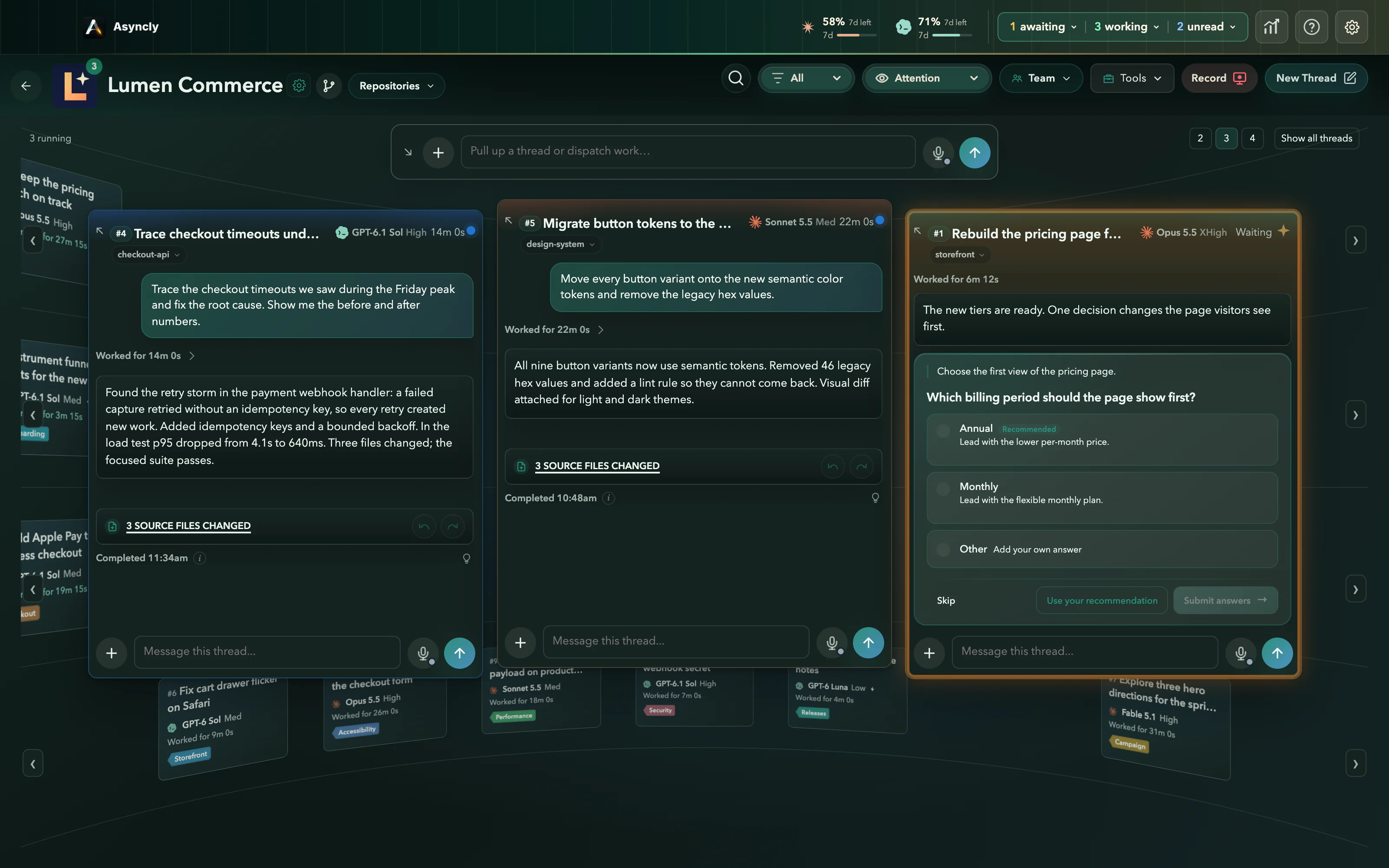 Attention view: pricing thread #1 comes forward with its question while other work recedes