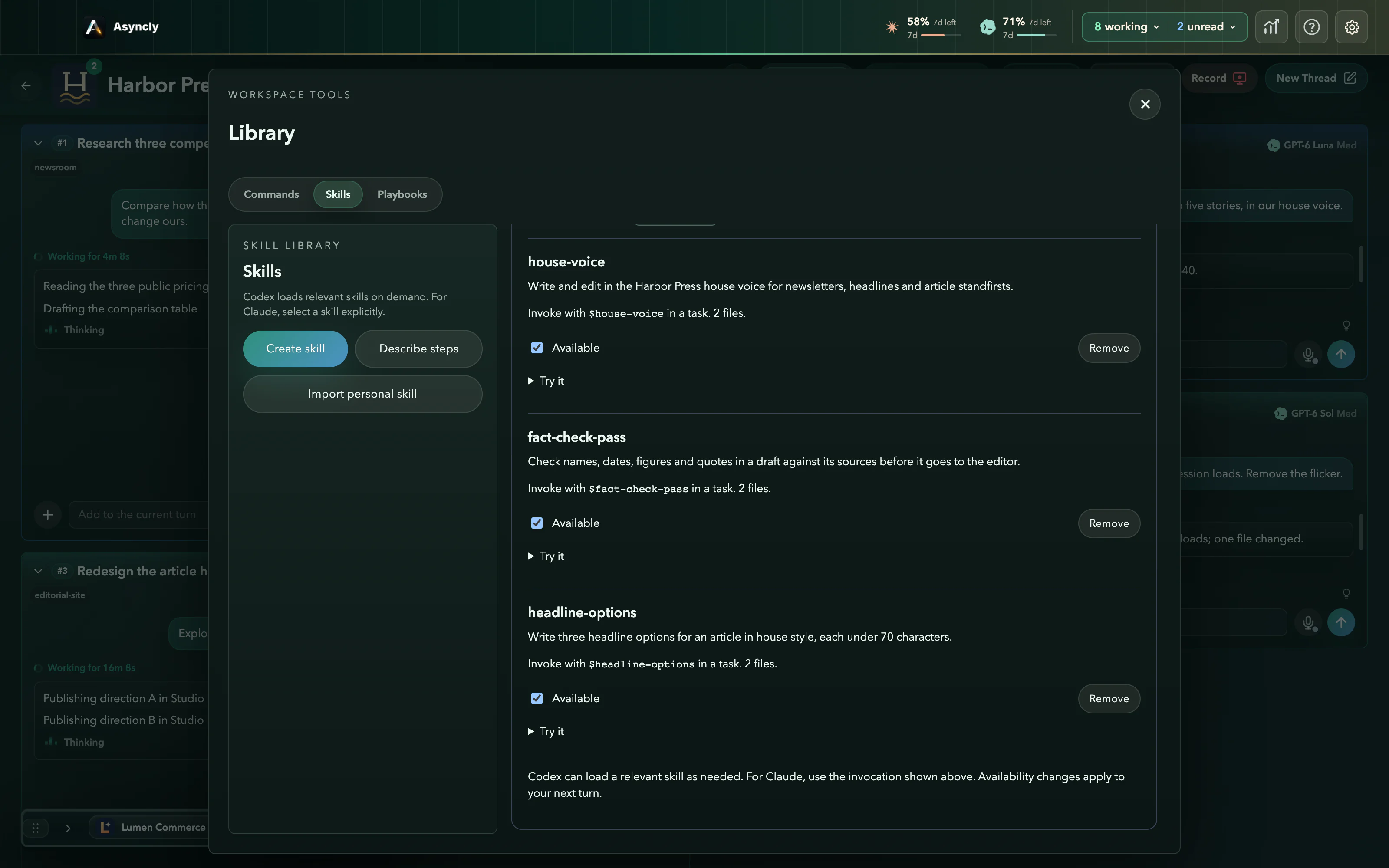 The Library’s Skills tab for Harbor Press: Project skills house-voice and fact-check-pass, each available and invoked by name in a task