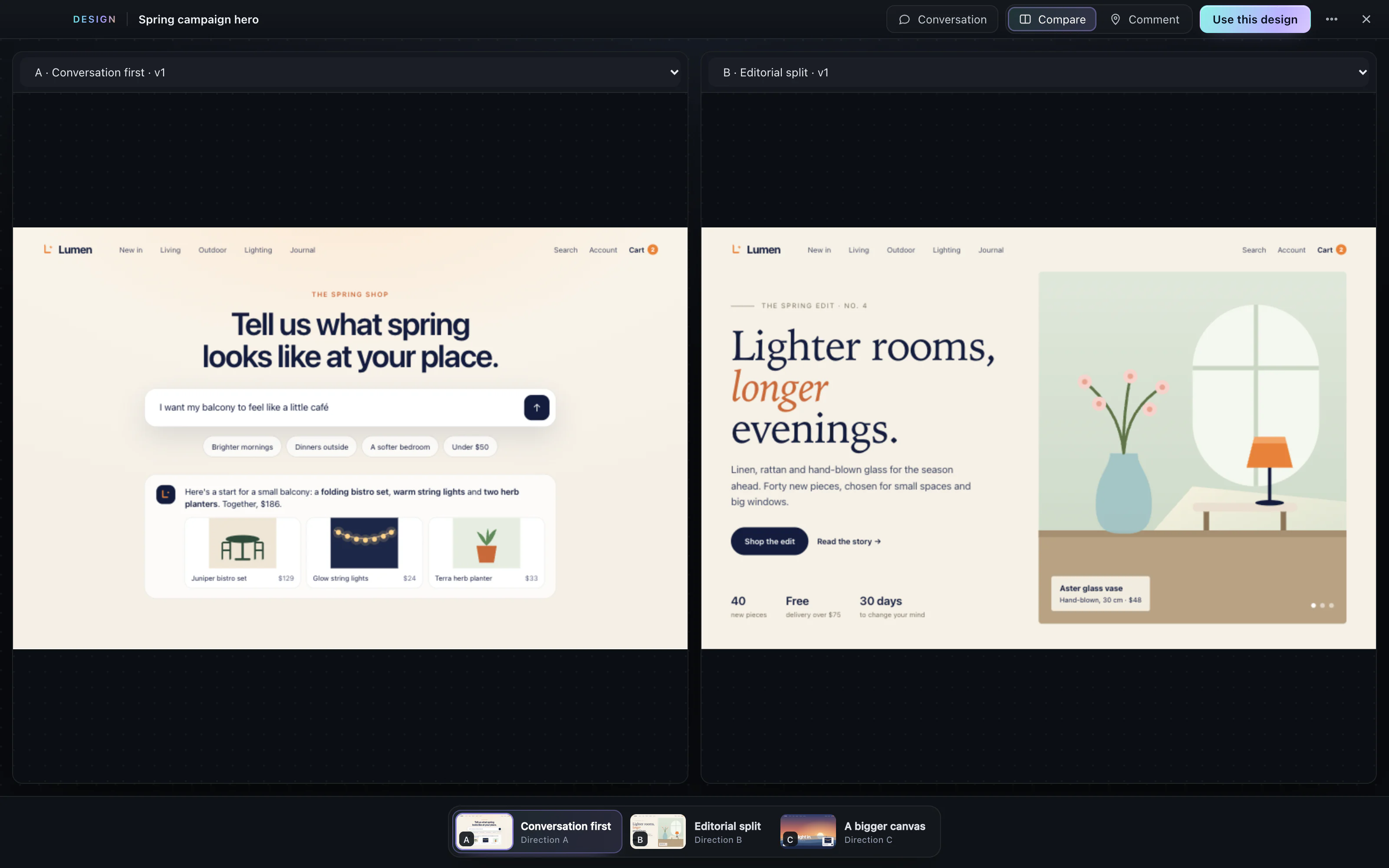 Studio comparing two spring campaign hero directions for Lumen Commerce, Conversation first and Editorial split, with the third direction, A bigger canvas, in the direction bar