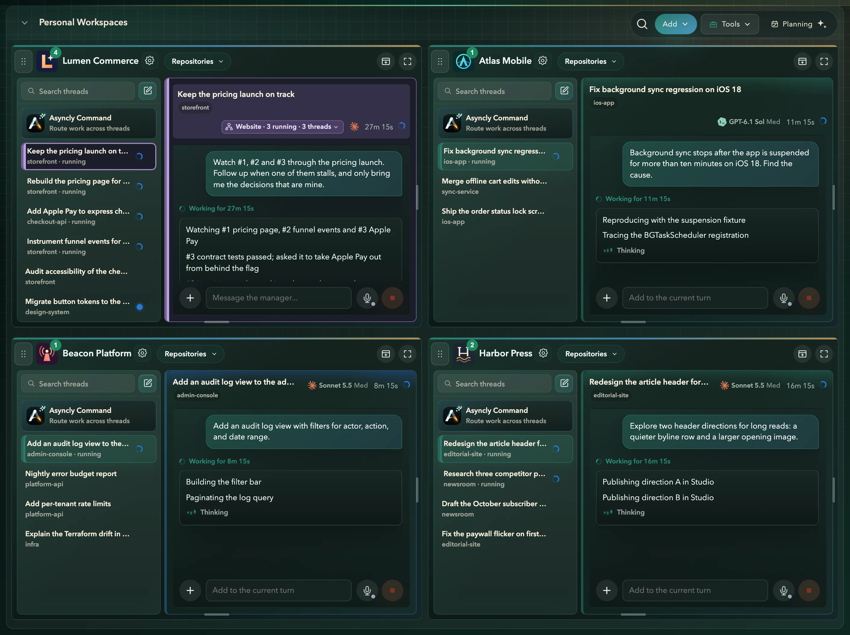 Asyncly All Workspaces: Lumen Commerce, Atlas Mobile, Beacon Platform and Harbor Press side by side, each listing its running and completed threads