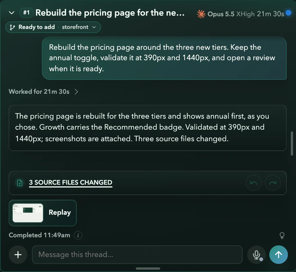 Real thread #1 in Asyncly: Ready to add, in storefront, with its finished answer and three changed files