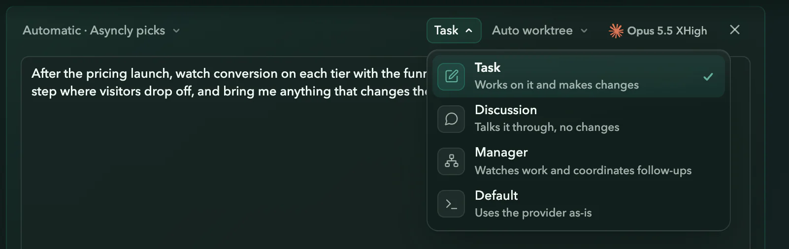 A new Lumen Commerce thread with its Mode menu open: Task, works on it and makes changes; Discussion, talks it through, no changes; Manager, watches work and coordinates follow-ups; Default, uses the provider as-is