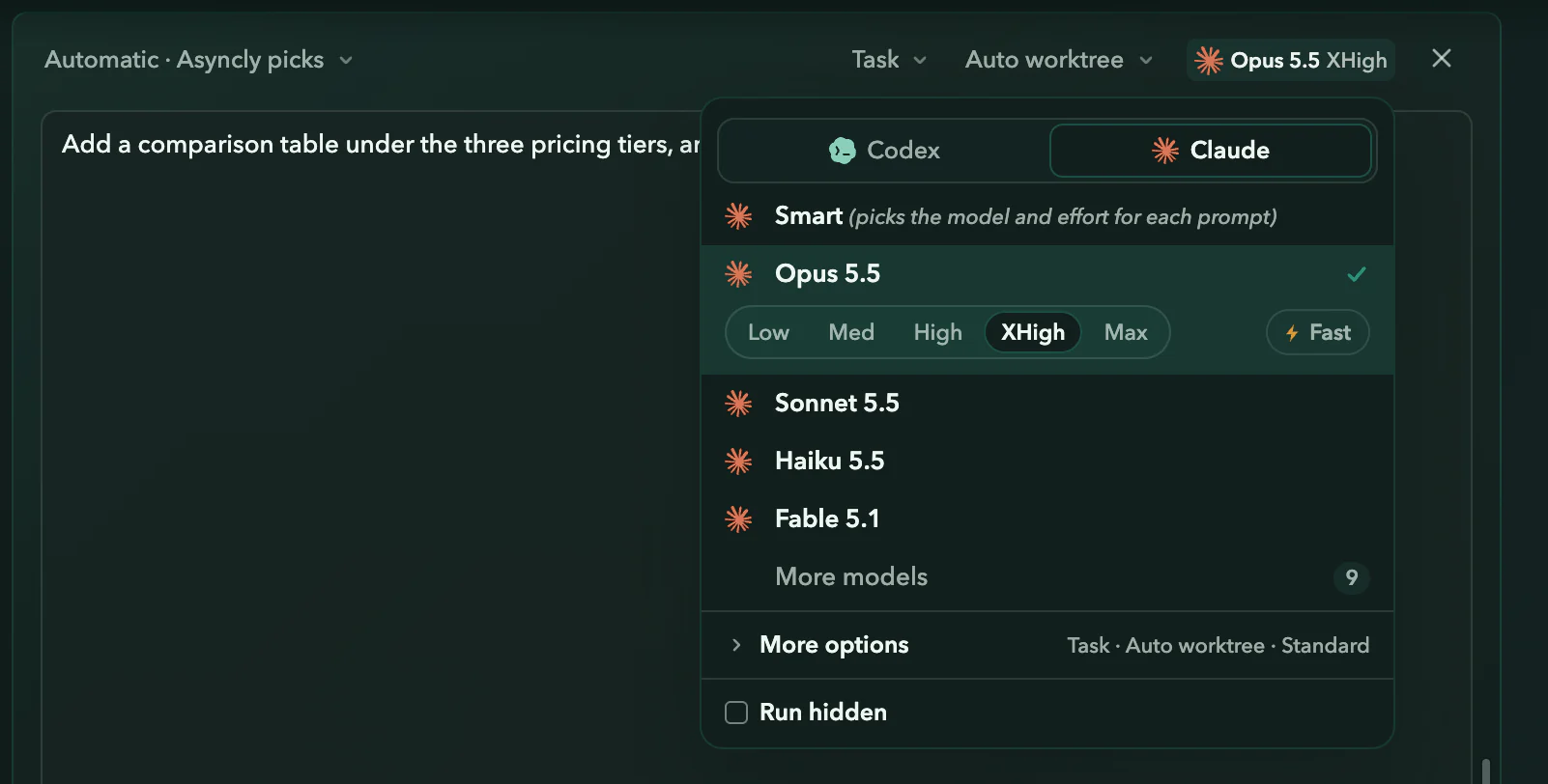 The model picker on Claude: Smart, Opus 5.5 at XHigh effort with Fast, Sonnet 5.5, Haiku 5.5 and Fable 5.1