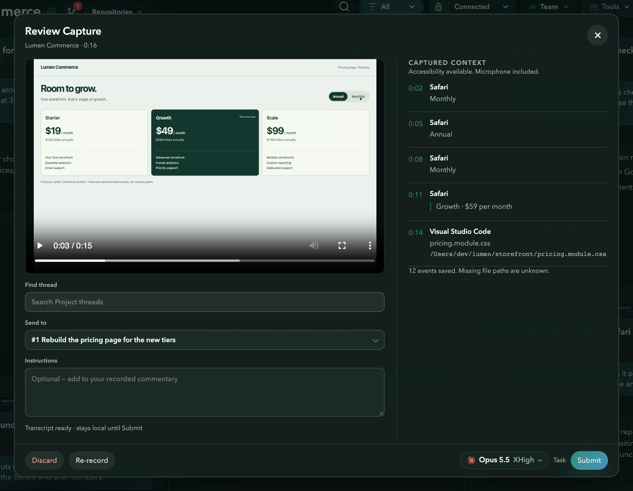 Asyncly Review Capture: the recorded pricing page beside its captured context (clicks on Monthly and Annual, a selected price and pricing.module.css), sent to #1 Rebuild the pricing page for the new tiers with Opus 5.5 XHigh, ready to submit