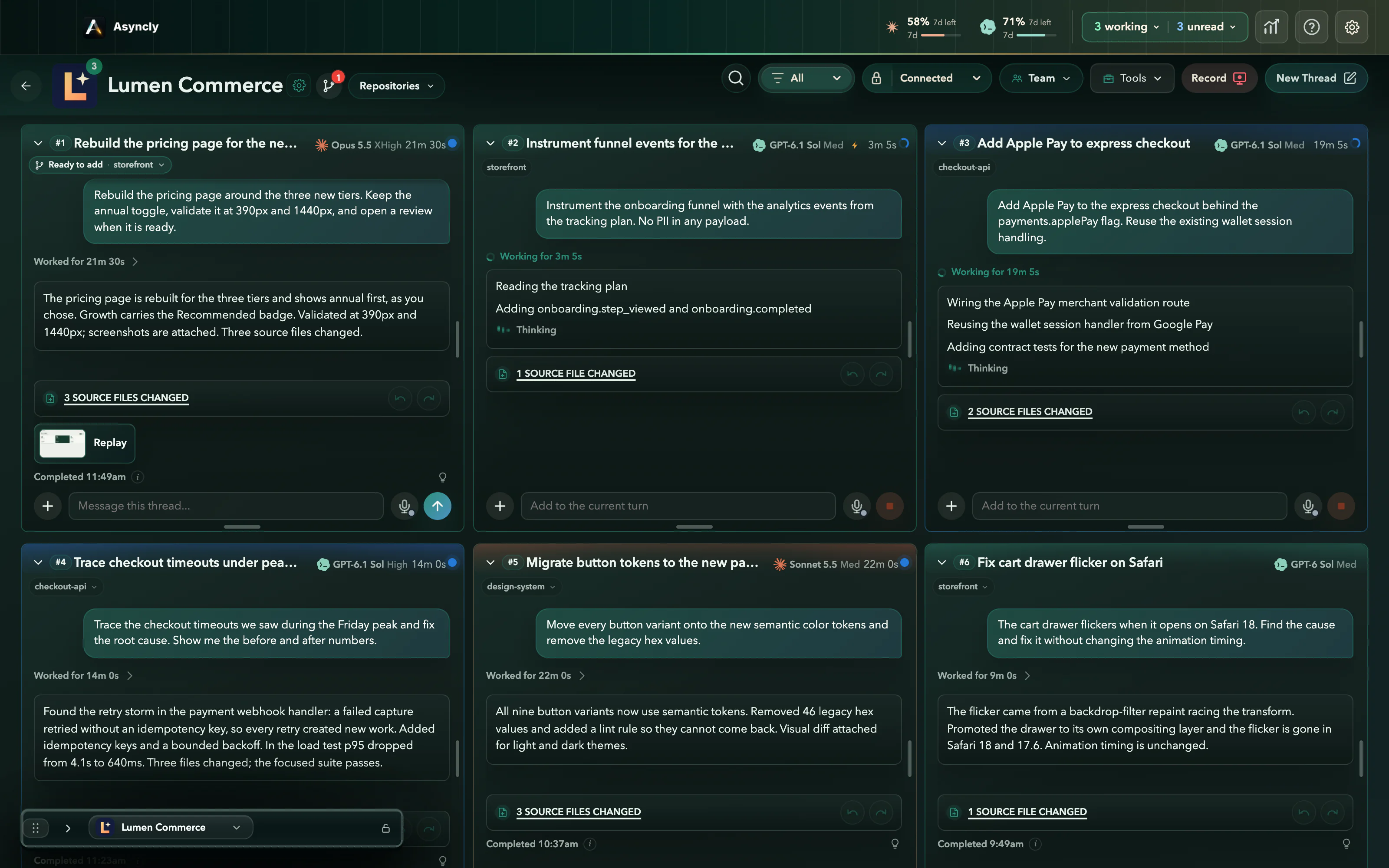 Connected view: Lumen Commerce threads side by side, pricing thread #1 ready to add beside continuing work