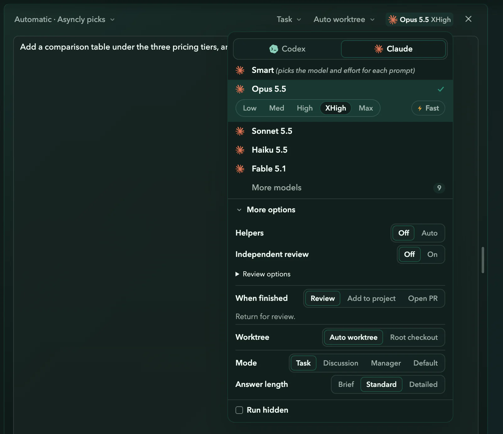 More options: Helpers, Independent review, When finished (Review, Add to project, Open PR), Worktree (Auto worktree or Root checkout), Mode and Answer length