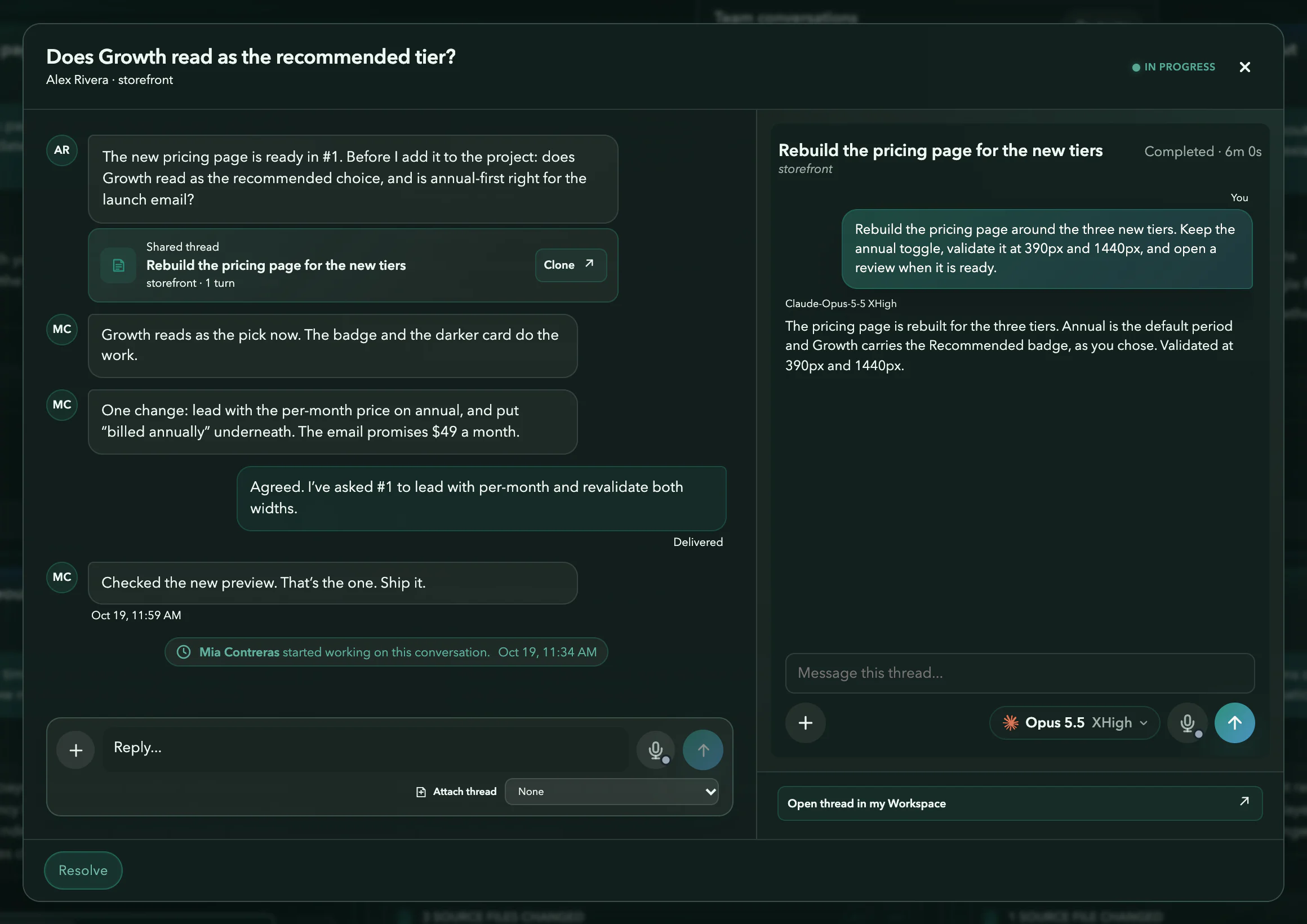An Asyncly Team conversation in progress: the question, the shared pricing thread with Clone, a teammate’s replies and the thread’s transcript alongside