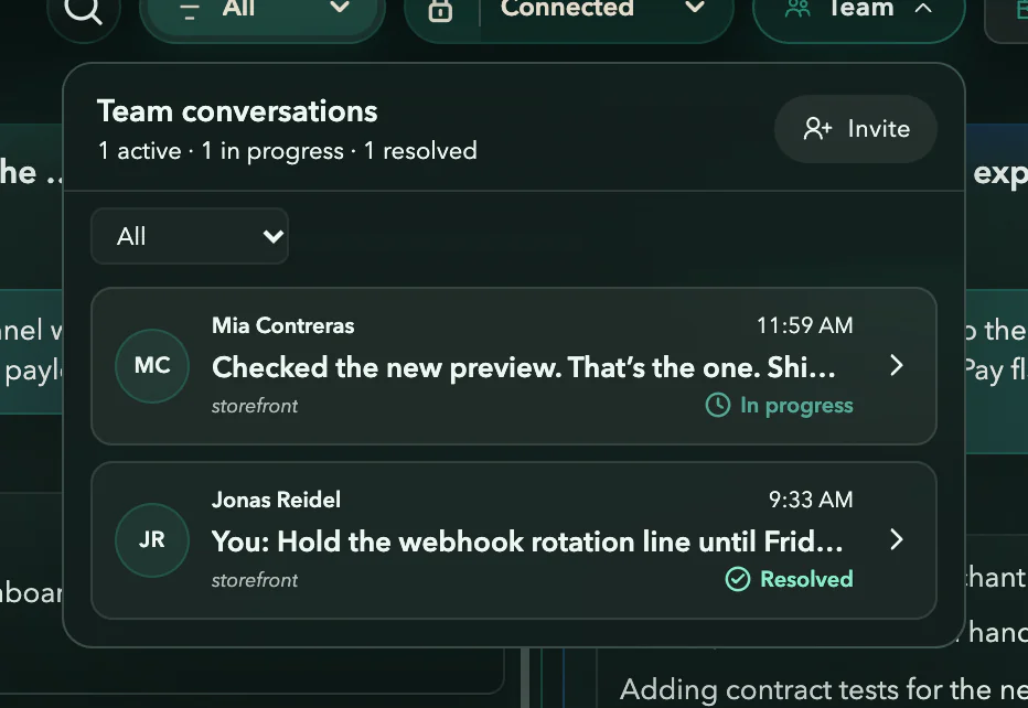 The Team conversations list: one in progress with Mia Contreras and one resolved with Jonas Reidel