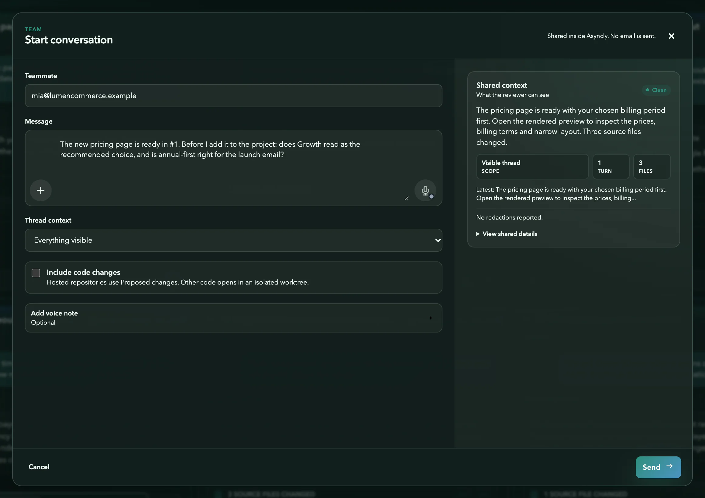 Asyncly Start conversation: a teammate’s address, a question about thread #1, the Thread context choice and a preview of the shared context with 1 turn and 3 files