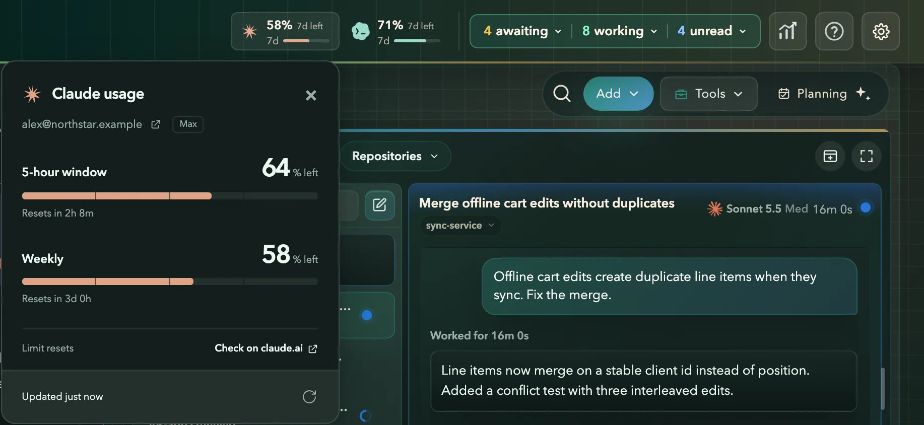 Claude usage for the connected account: 64% of the 5-hour window and 58% of the weekly limit left, with when each resets