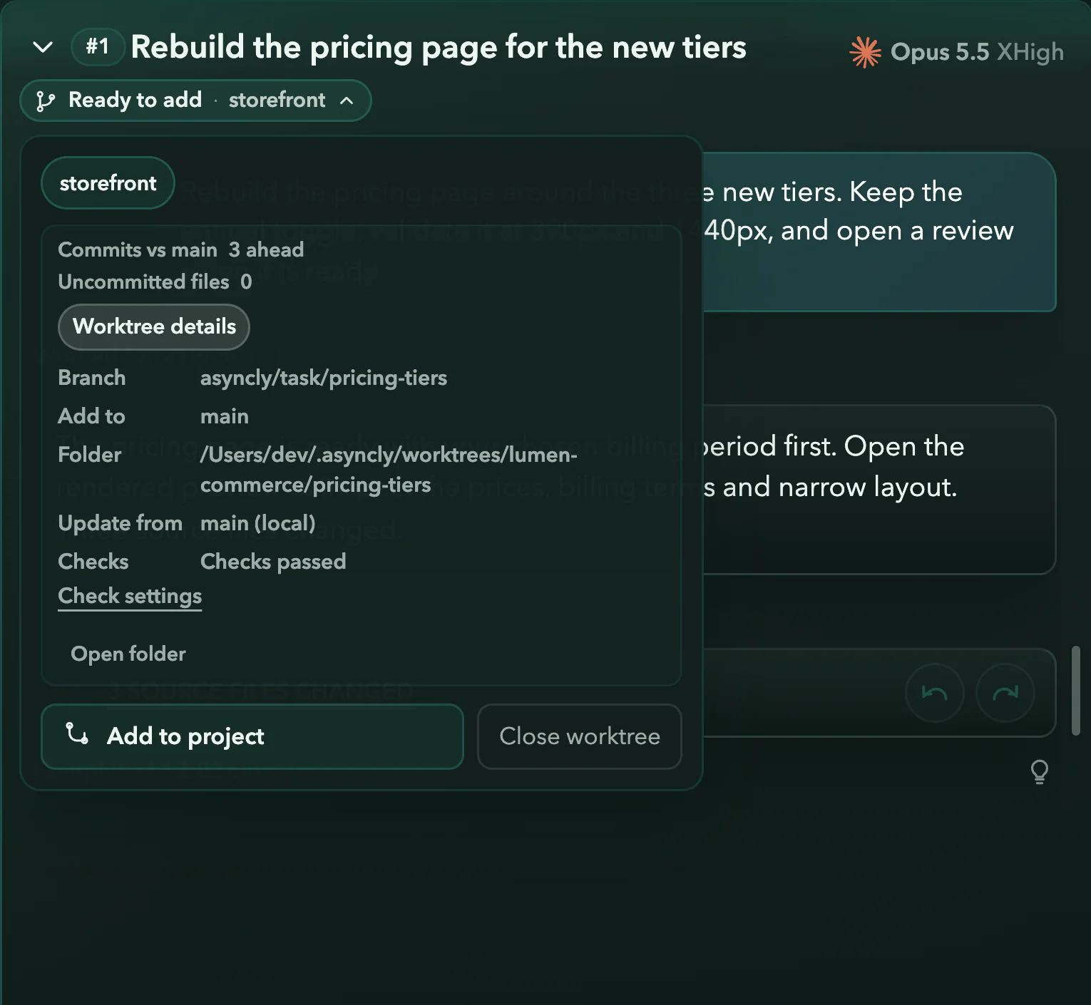 Worktree details on thread #1: branch asyncly/task/pricing-tiers, add to main, its own folder, update from main, Checks passed